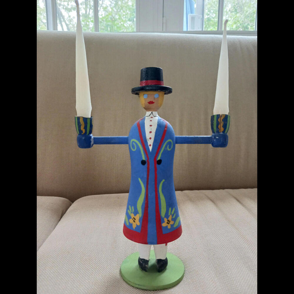 Vintage‎ Swedish Handmade Painted Wood Candle Holder - Man